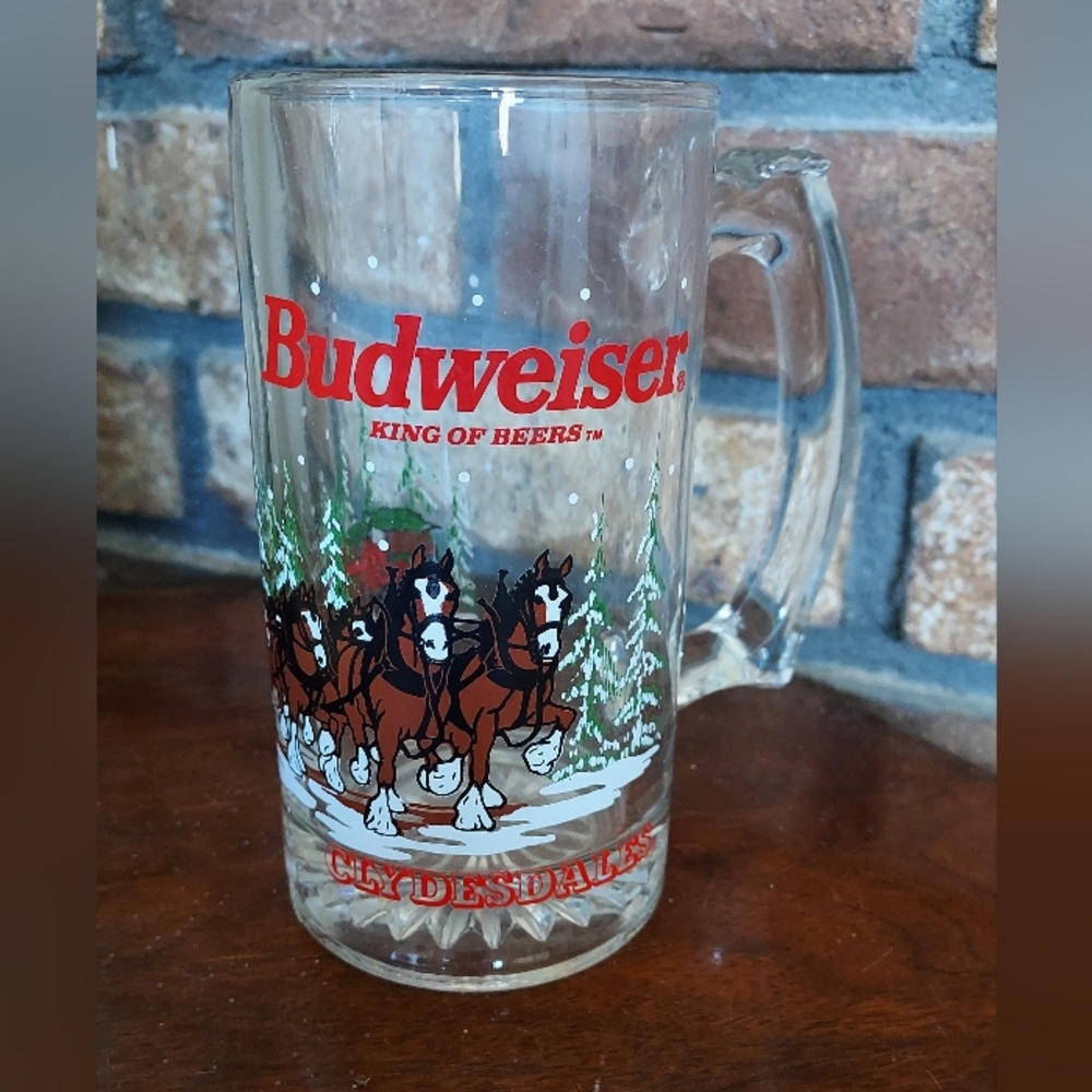 Budweiser Vintage 1989 Christmas Clydesdales Holiday Clear Glass Mug Stein